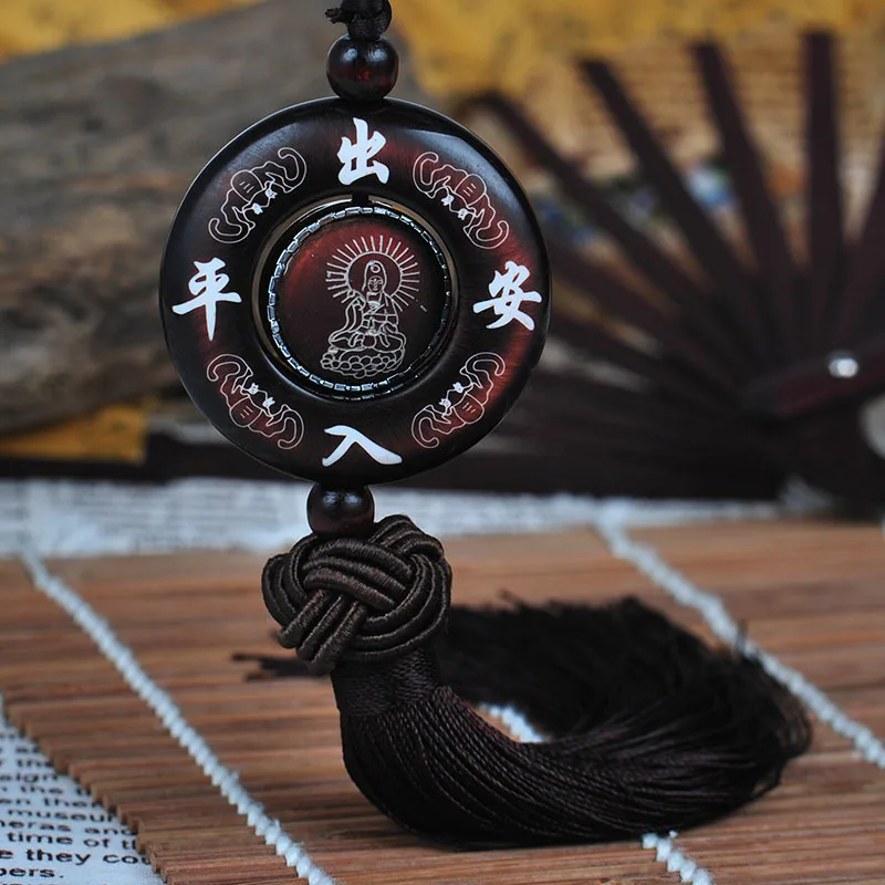Kayme sandal wood car interior hanging ornament amulet for safe auto pendant car charms for rear view mirror decoration