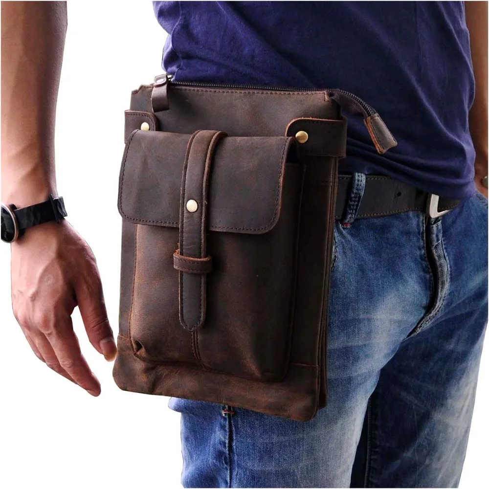 Couro masculino multifunction designer casual crossbody bolsa de ombro mensageiro moda cinto pacote saco telefone comprimidos caso 8711