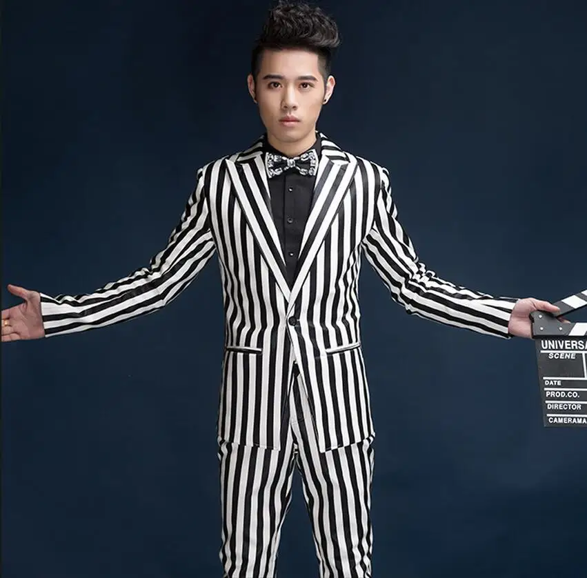 S-5xl 2021 New Men Clothing Fashion Slim Black White Stripes Leather Blazer Suits Plus Size Formal Dress Stage Singer Costumes