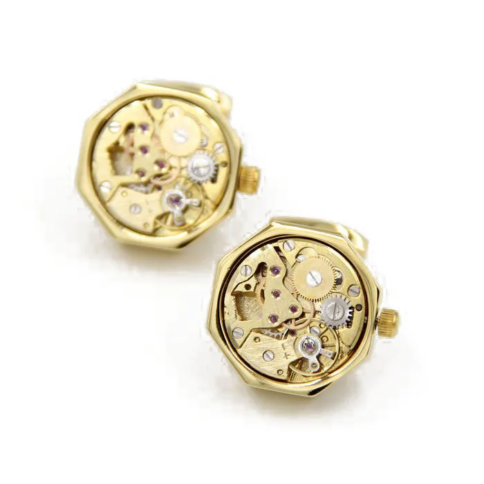 Letpon immovable Watch Movement Cufflinks for mens polygon Gold color Steampunk Gear Watch Mechanism Cuff links Relojes gemelo