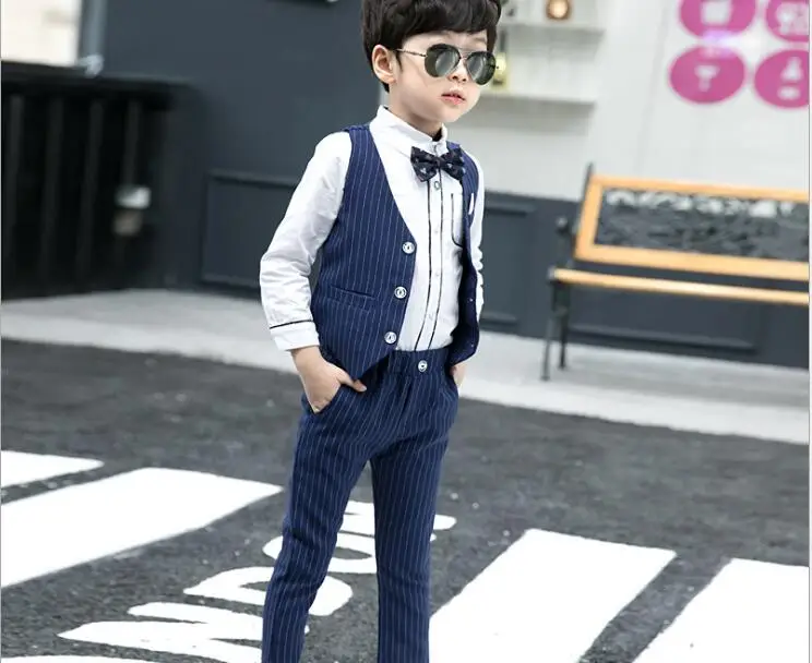 Autumn new Boys Suit Shirts+Vest+Pants+Tie 4 pcs for Wedding Party Striped Flower Boys Formal School Suit Kids Spring Clothing