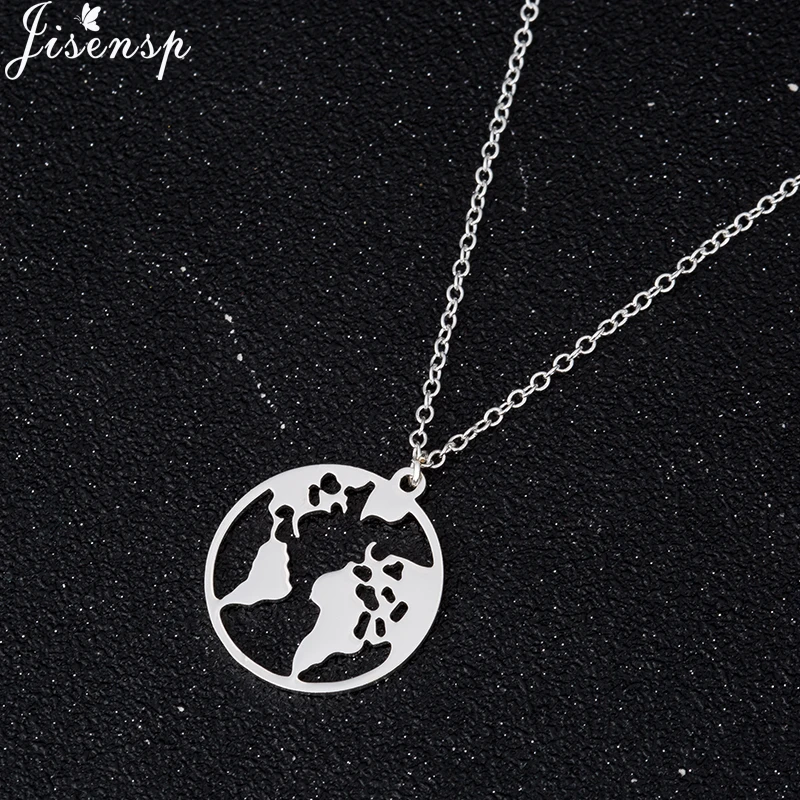 Jisensp Stainless Steel Origami World Map Necklace for Women Simple Jewelry Round Necklaces Pendants Earth Day Gift bijoux femme