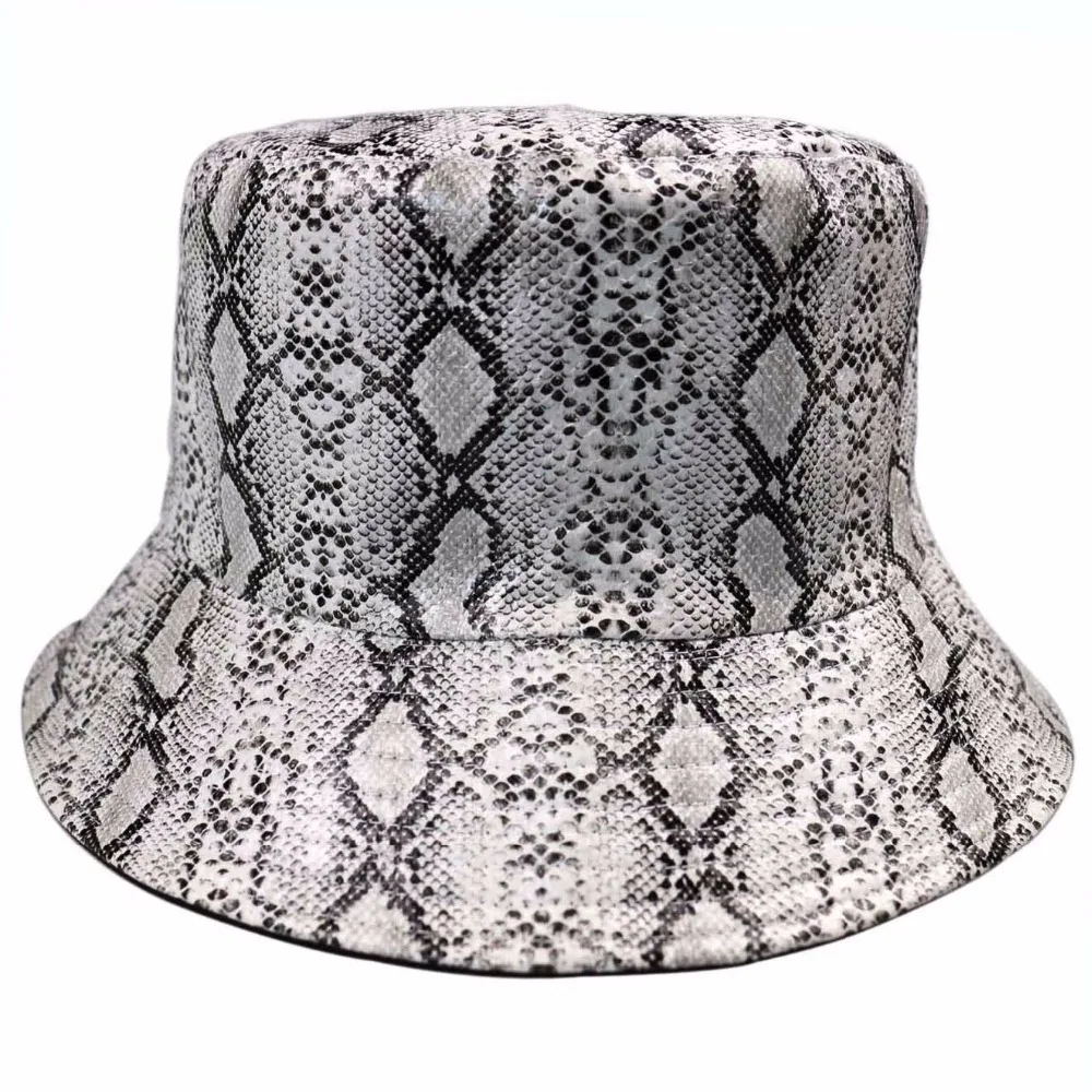 

Winfox Vintage Black White Women Men Snake Bucket Hat Harajuku leather Hip Hop Outdoor Ladies Fisherman Panama Cap