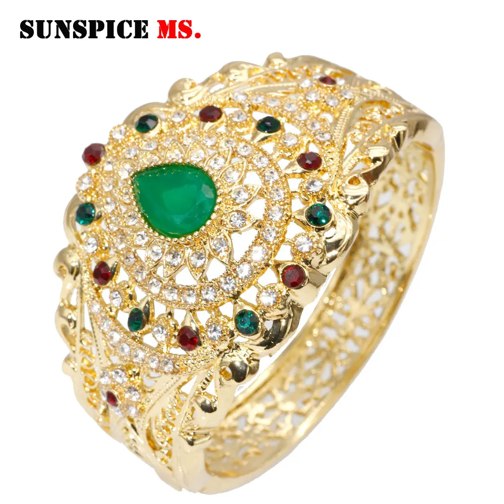 SUNSPICE-MS Gold Color Metal Morocco Bangles Love Jewelry For Women Wedding Dubai Bridal Gift Vintage Resin Flower Cuff Bracelet