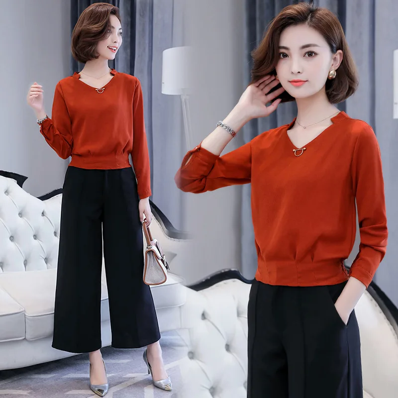 V-neck Long-sleeved Chiffon Shirt Spring Autumn Fashion Women Casual Pure Color Blouses Office Ladies Plus Size Clothes H9051