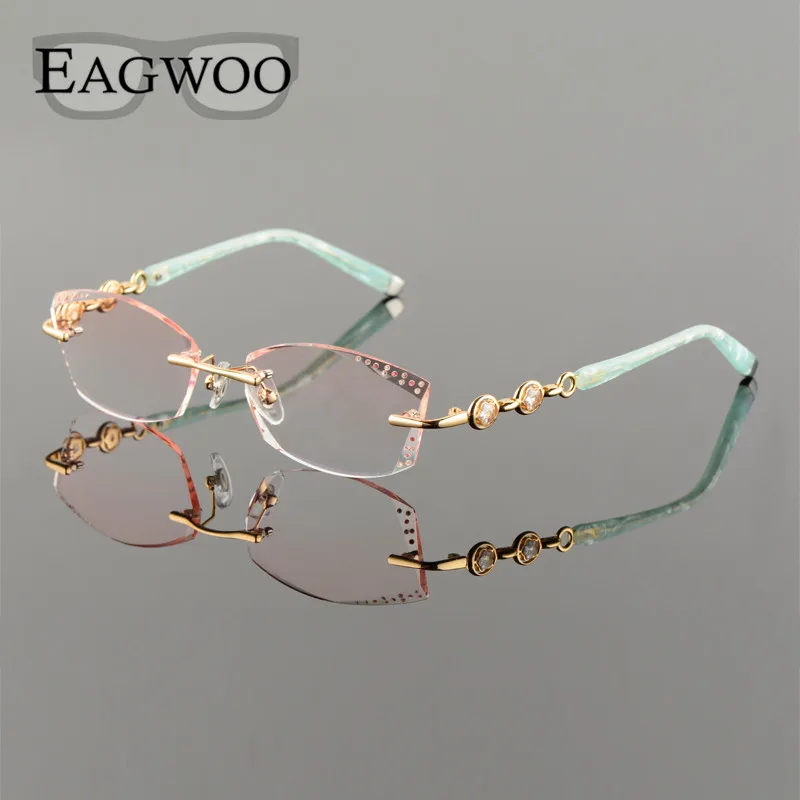 Titanium Alloy Eyeglasses Women Rimless Prescription Reading Myopia Progressive Glasses Yellow Spectacle with Color lenses258102