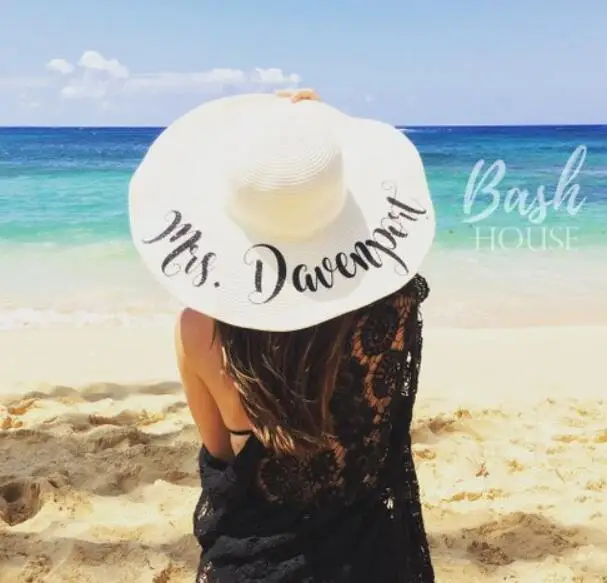 personalize glitter bride Honeymoon Beach Hats, navy blue Mrs. Beach Hat - customize wedding Floppy Hats Bridesmaid Gifts