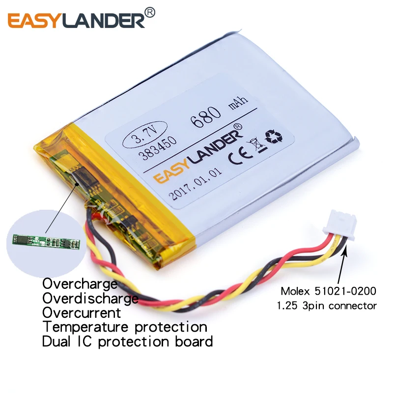 3-wire 383450 3.7V 680mAh Rechargeable Lithium Li-ion Polymer Battery 403450 403550