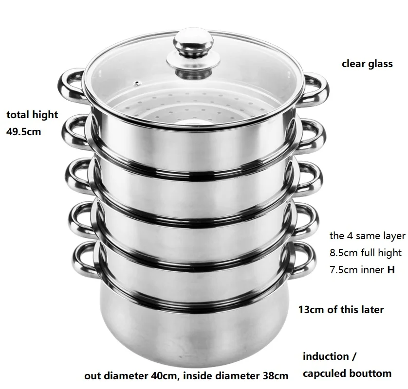 40cm 5 tiers Cook Steamer Pot 45L Kitchen stainless steel large size Cooking Pot Steamed Food Casserole