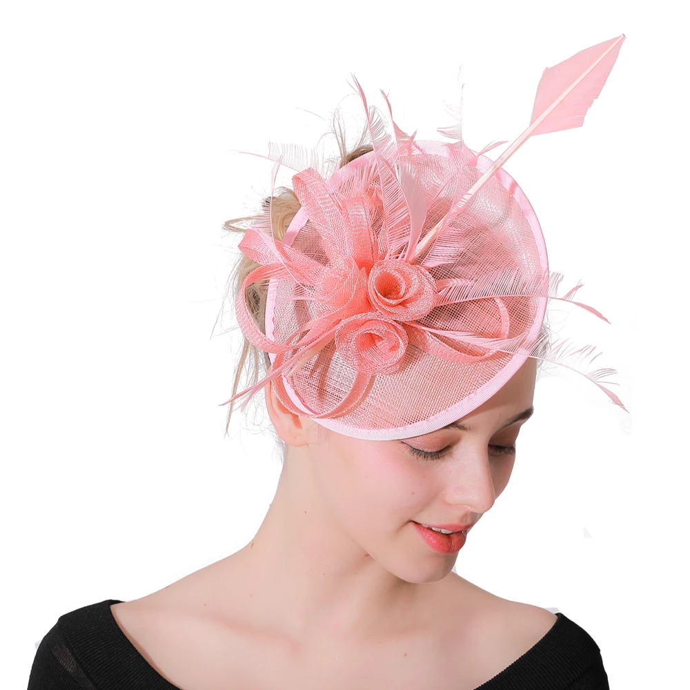 Women Sinamay Pink Fascinator Cocktail Wedding Hat Party Church Headpiece Fashion Headwear Formal Feather Hair Accessories