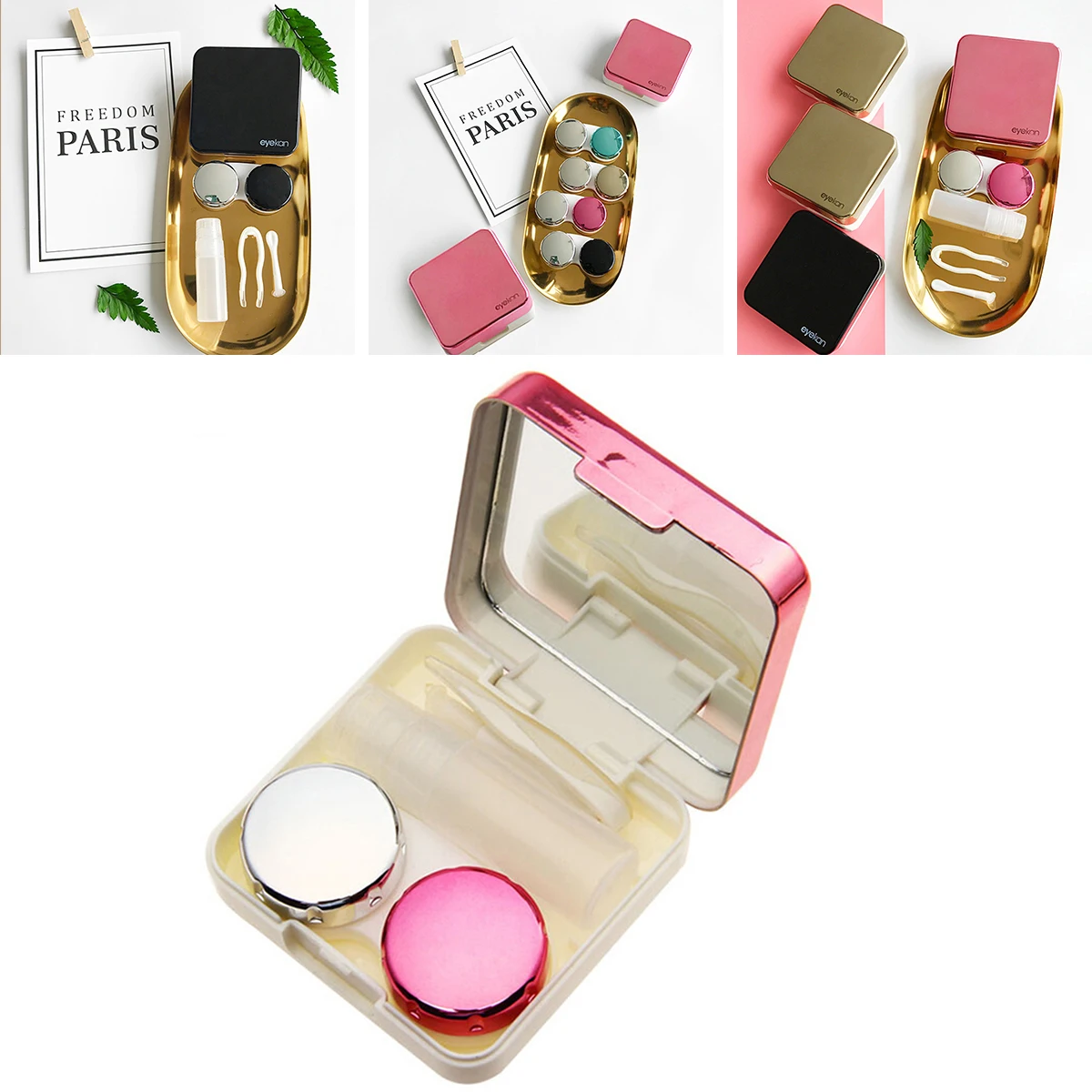 

New Contact Lens Case Lenses Storage Box Eye lashes Container with solution bottle/tweezers/stick connection/lens holder/mirror