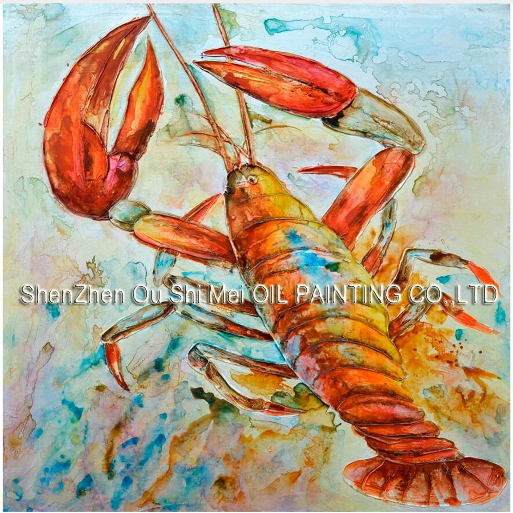 Lobster Water Colour Animal Wall Art Handmade Oil Painting on Canvas Big Size Seafood Shrimp Room or Kitchen Decoration