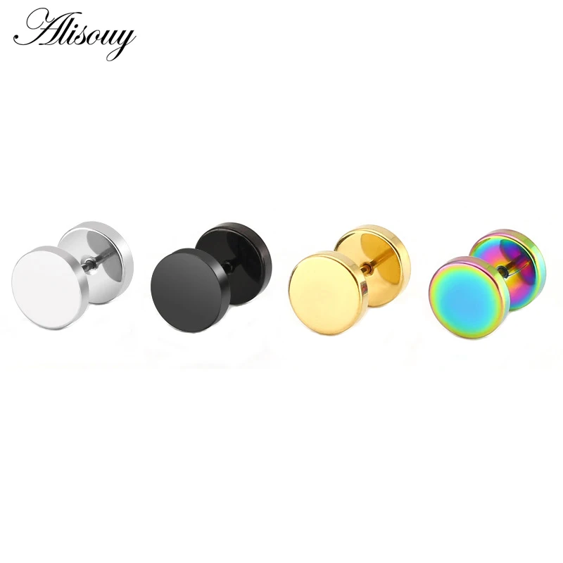 Alisouy 2pcs Fashion Punk Earrings Double Sided Round Bolt Stud Earrings Male Gothic Barbell Black Earrings Men Jewelry Gifts