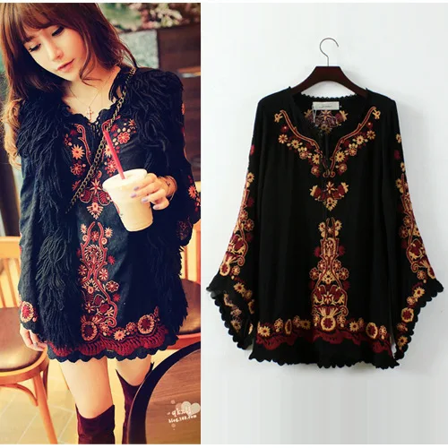 2021 חדש עזיבות Vintage 70s אתני סתיו טוטם הדפסת רקמת חולצה ארוך אבוקה שרוול Hippie חולצה למעלה Boho סוודרים