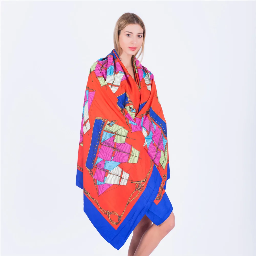 Jinjin.QC 2019 New Soie Silk Scarf Women Scarves and Wraps Pashmina Shawls Sailboat Printed Bandana Echarpe Foulard Femme Hijab