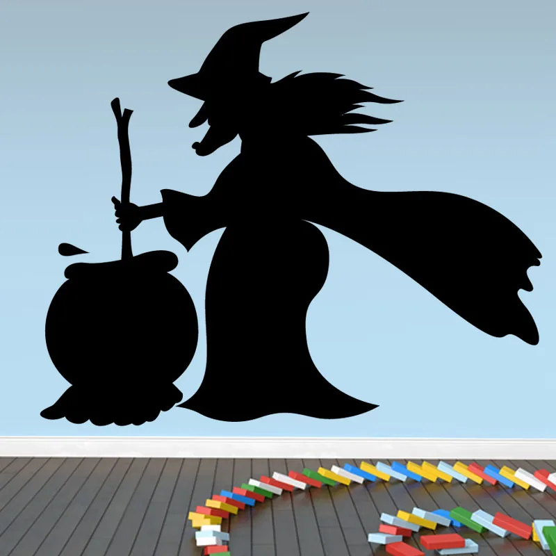 Witch With Cauldron Wall Sticker Living Room Self Adhesive Cartoon Halloween Home Decor Wall Mural