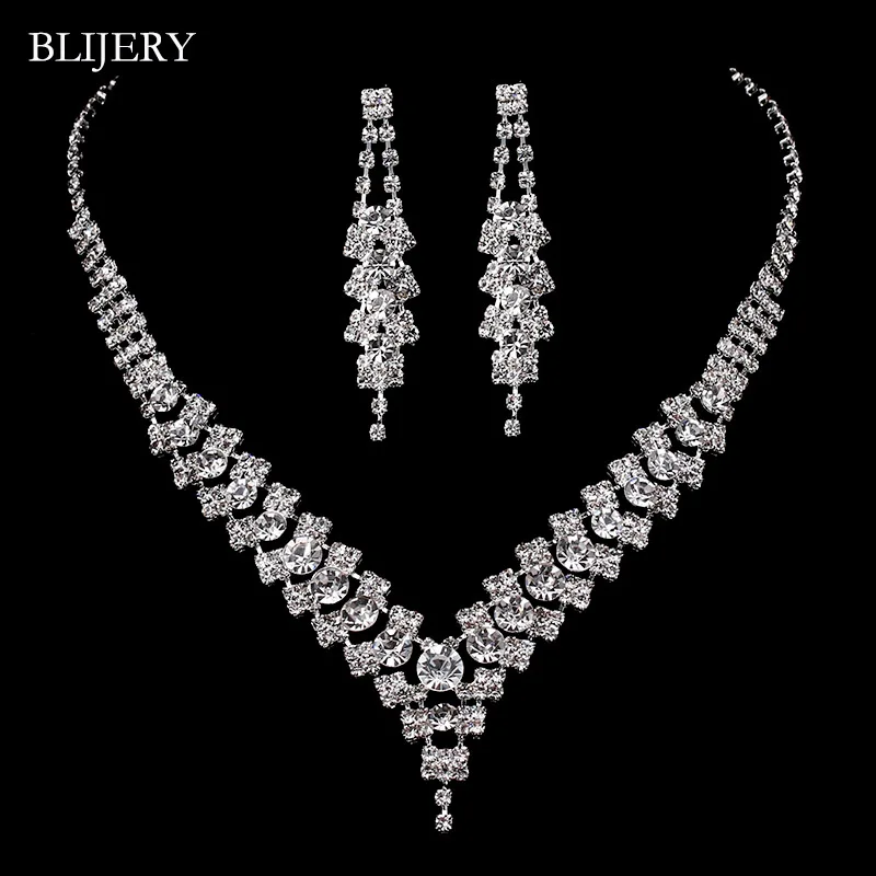 BLIJERY Silver Color V Shaped Bridal Wedding Jewelry Sets Crystal Choker Necklace Earrings Engagement Jewelry Sets for Women