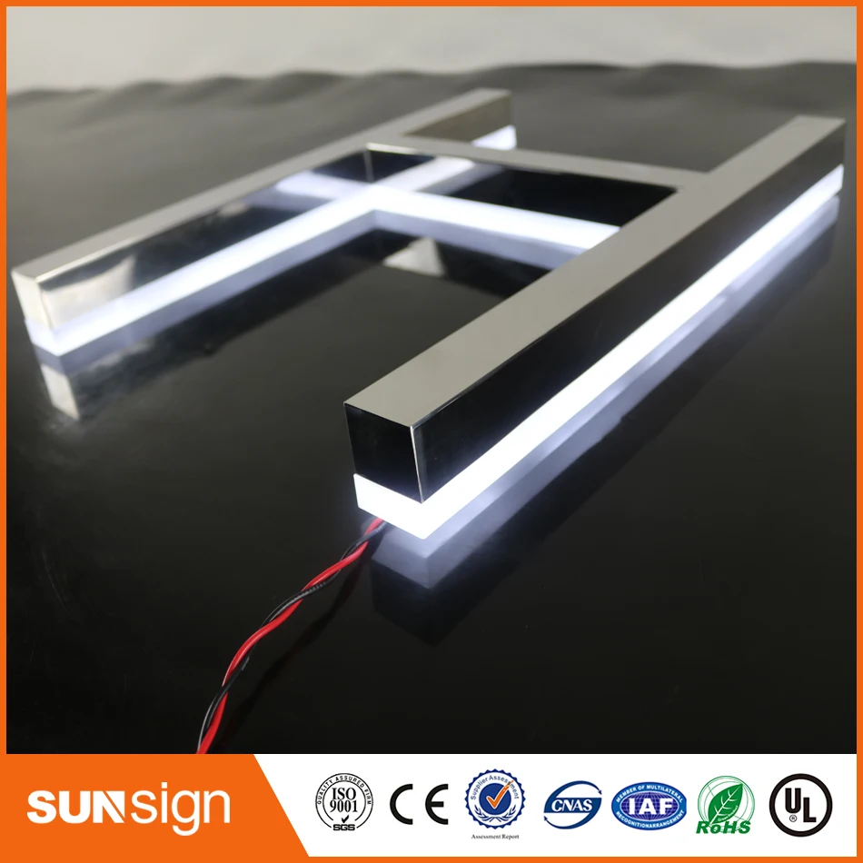 Professionalกระจกโลหะตัวอักษรไฟสแตนเลสสตีลbacklit 3D Letter signsสำหรับตู้ป้ายCommercialป้าย