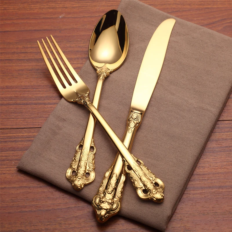 3-24pcs Luxury Golden Cutlery Vintage Tableware Gold Plated Wedding Dinnerware Stainless Steel Dining Knife Fork Spoon Teaspoon