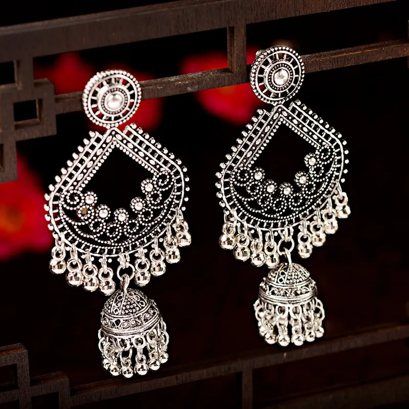 Ethnic Women Big Gold Color Dangle Earrings Jhumka Indian Earrings Vintage Drop Earring Lantern Tassel Palace Orecchini Donna