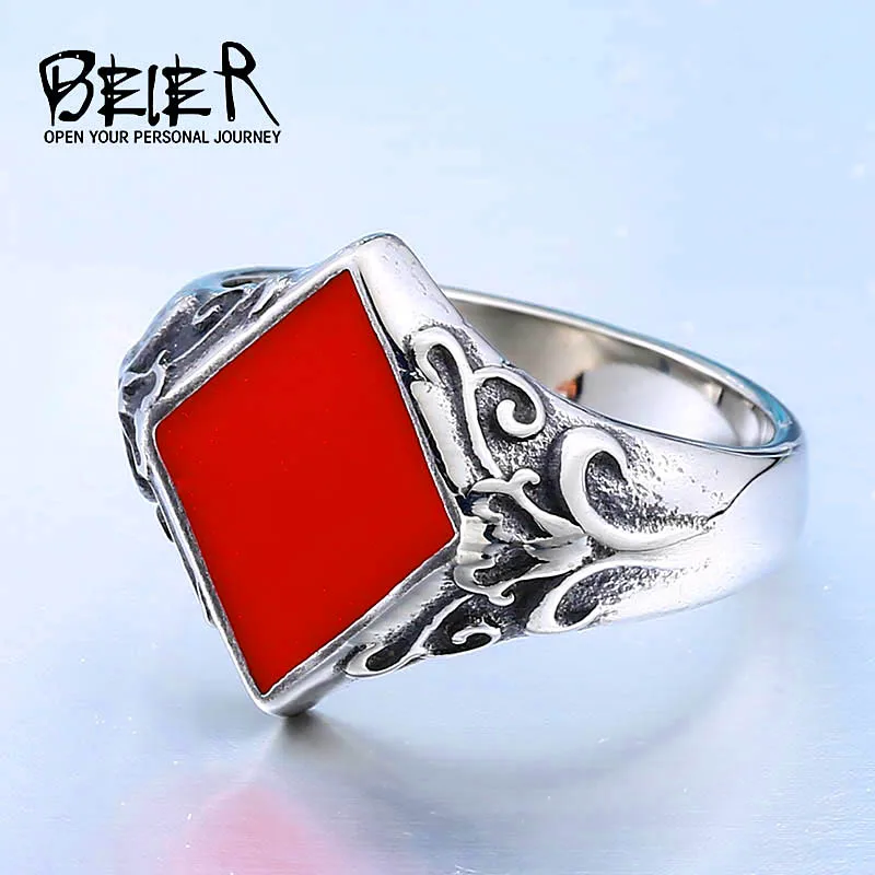 BEIER New arrive  Fashion Product  Four Rhombus Ring With Red color Party Playing card Wedding Simple Jewelry For Man BR8-481