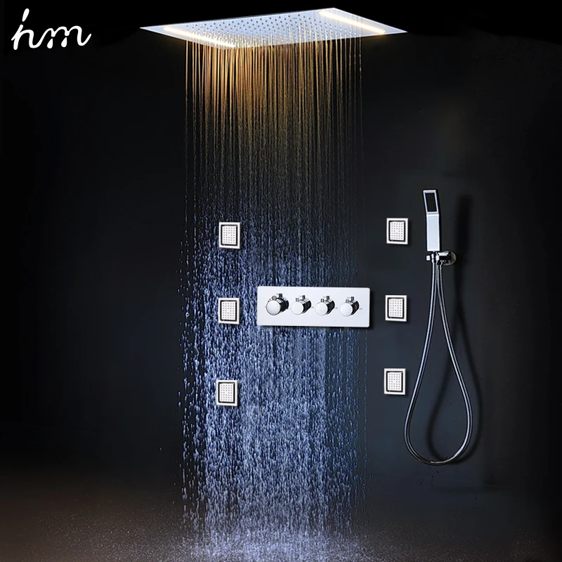 hm Modern LED Rain Shower System Set Bathroom Thermostatic Mixer Faucets Ceiling Rainfall Shower Head With Massage Body Jets