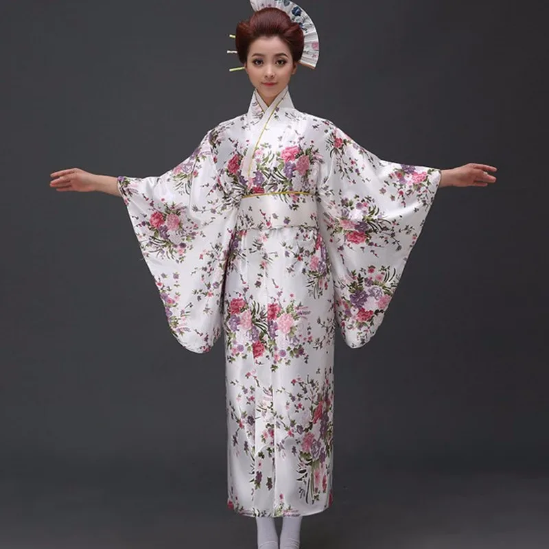 New Arrival Japanese Traditioinal Satin Kimono Classic Yukata With Obi Sexy Vintage Women\'s Prom Dress Floral One Size