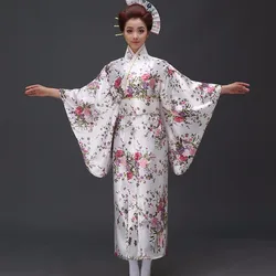 New Arrival japoński tradycyjny satynowy Kimono klasyczny Yukata z Obi Sexy Vintage damska sukienka na studniówkę kwiatowy jeden rozmiar