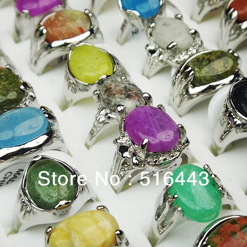 A-010  Mix 15pcs 100% Natural Stones Silver Plated Fashion Rings Wholesale Jewelry Free Shipping