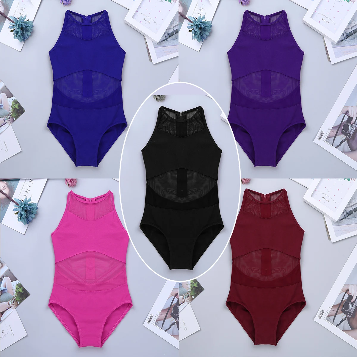 Sleeveless Zipper Girls Ballet Dress Mesh Back Kids Dance Wear Toddler Athletic Leotards Dress Gymnastics Jumpsuit Leotards