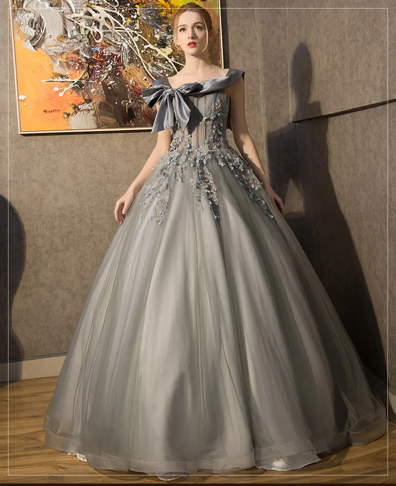 grey bowknot collar beading veil ball gown Medieval Renaissance Gown Victorian Antoinette Colonial Belle Ball