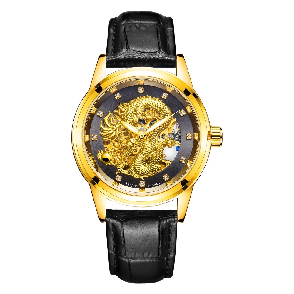 

LANGLEY New Modern Dragon Watches Men Automatic Mechanical Watch Male Skeleton Golden Wristwatch Luxury Brand Stainless Steel