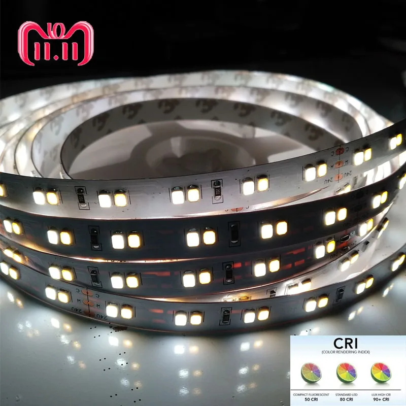 5m High CRI 90+ 1200lm/120LED/m Double Color 3000K 6000K LED Strip Light White 24V CCT With Test Report