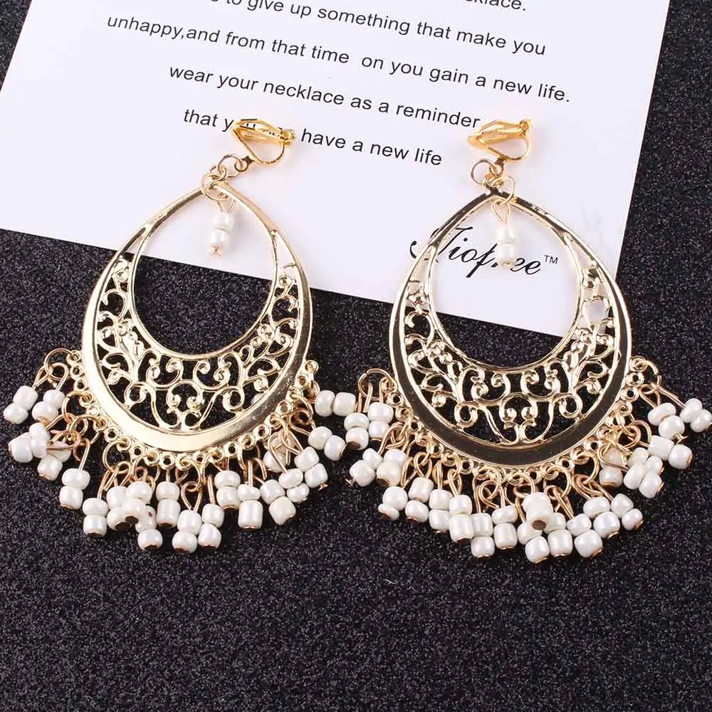 Big Statement Retro Vintage beads Clip On Earrings for Women 4 color New Arrival Fashionable Gold Color Alloy Charming Earrings
