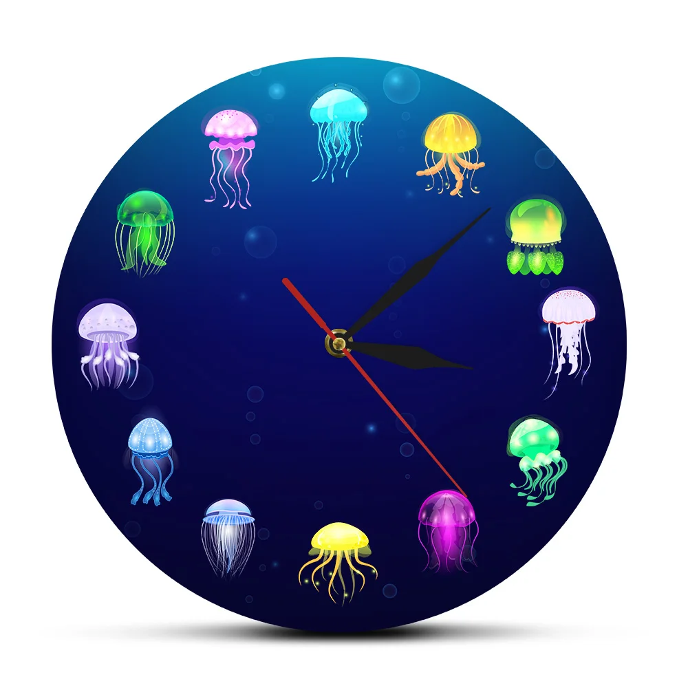 Colorful Printed Jellyfish Wall Clock Home Decor Sea Jellies Decorative Living Room Wall Watch Marine Animals Nursery Wall Art