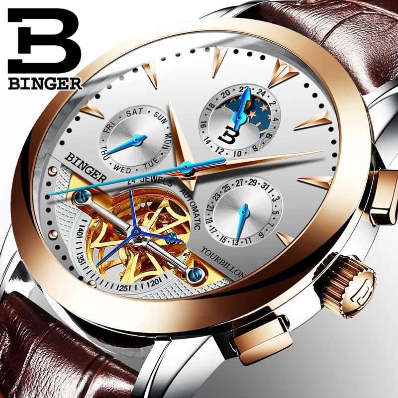 Tourbillion Mechanical Wristwatches Switzerland luxury Men\'s watch BINGER brand Sapphire Genuine Leather Strap Clock B1188-10