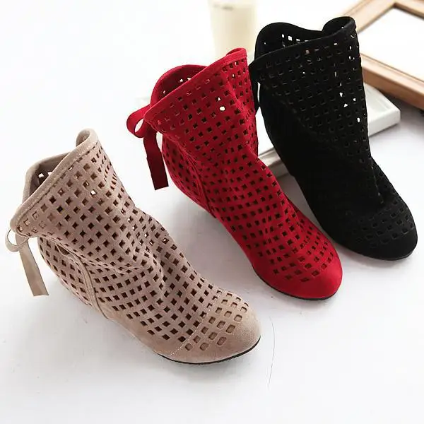 size 34-43 Women\'s Boots Summer Cute Flock Flat Low Hidden Wedges Solid Cut-outs Ankle Boots Ladies Dress Casual Shoes 3 colors