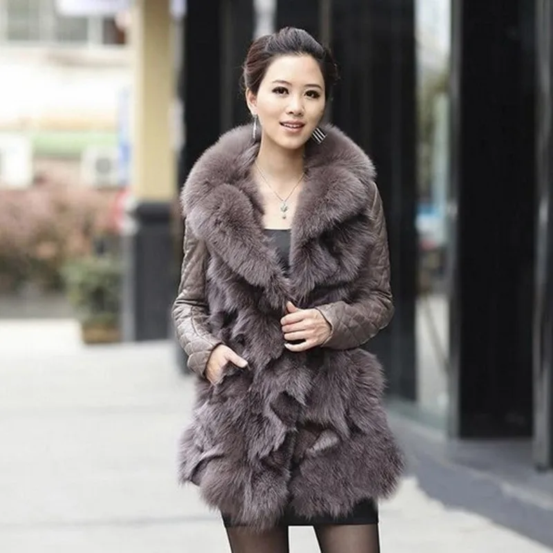 

2017 Autumn and Winter Women's Genuine Real Sheepskin Leather Coat with Fox Fur Collar Female Slim Outerwear VF0058