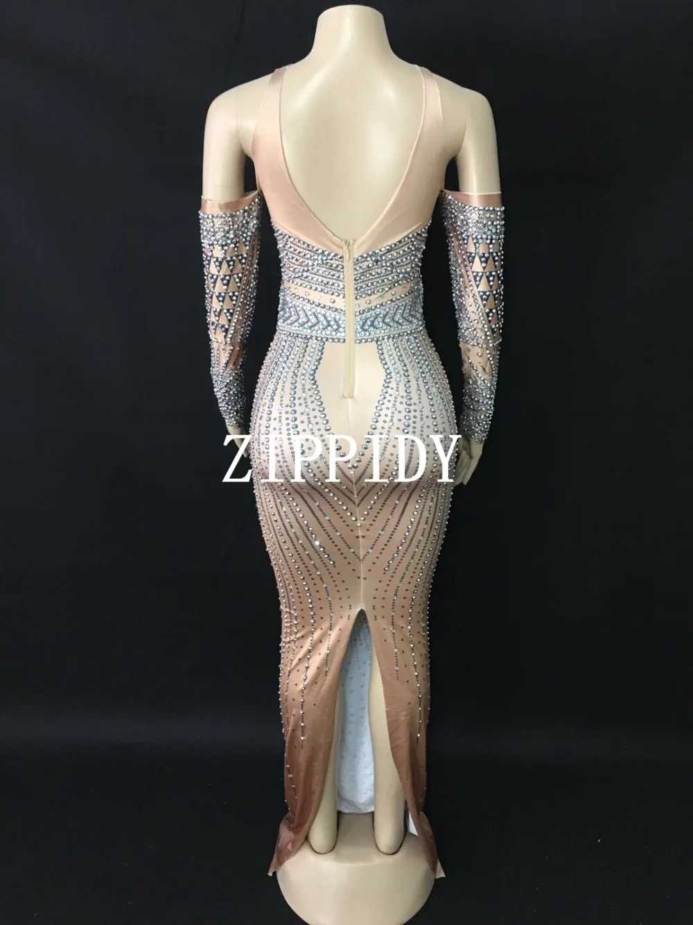 Bright Rhinestones Stretch Long Dress Silver Stone Female Singer Costume Women's Birthday Celebrate Outfit Nightclub Dance Dress