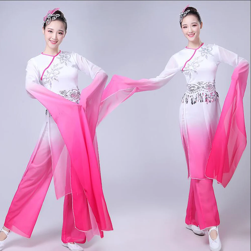 New Chinese Folk Dance Classical Dance Costumes Women Water sleeve Performance Clothing Girls Long Sleeve Yangko Dance Costumes