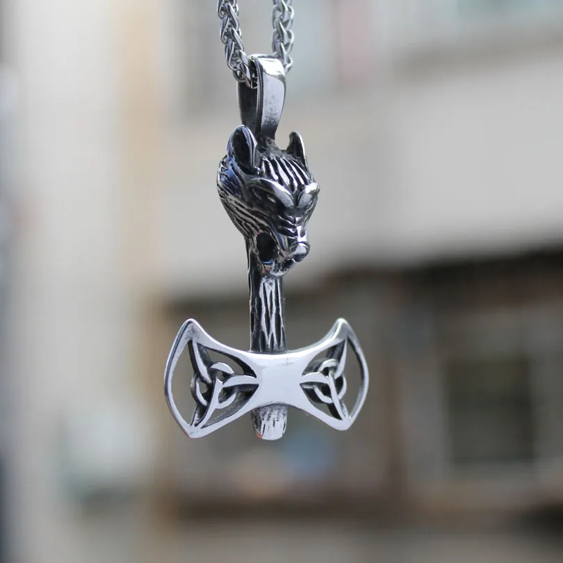 316L stainless steel Wolf Viking Battle Axe Necklace Pendant Double edged axe Necklace Vikings Trinity symbol boys men