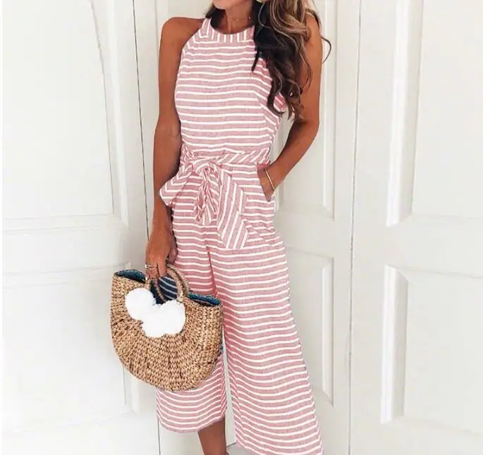 Sang Trọng Gợi Cảm Bộ Đồ Bay Jumpsuits Nữ Không Tay Sọc Rời Quần Quần Ống Rộng Rompers Ngày Lễ Thắt Lưng Leotard Áo Liền Quần