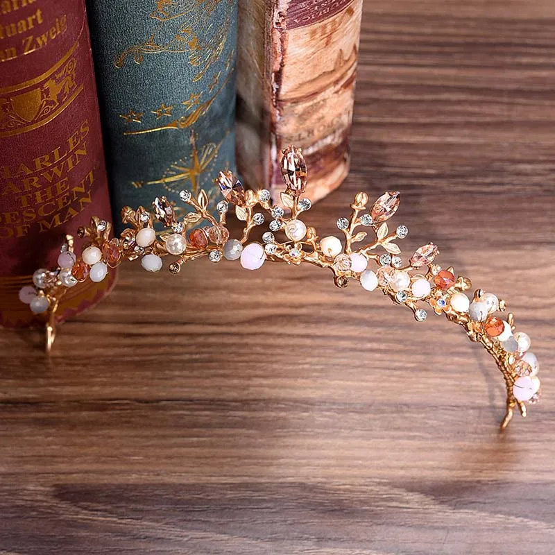 Women\'s Elegant Crowns Pink Crystal Rhinestone Floral Tiaras Metal Wedding Hair Jewelry Vintage Headpiece Bride Hairband