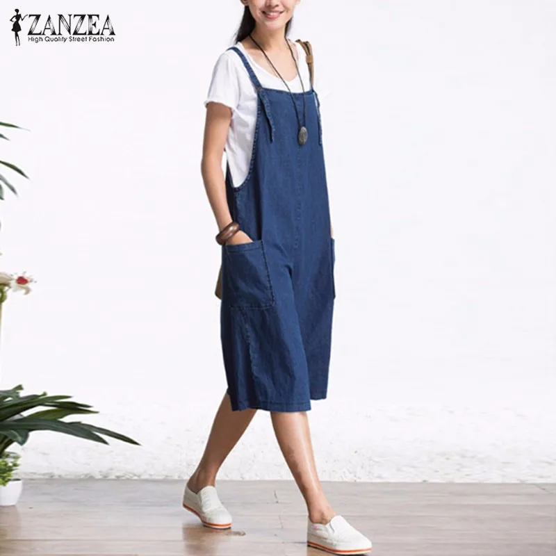 Womens Jumpsuits 2023 ZANZEA Wide Leg Overalls Denim Blue Dungarees Rompers Sleeveless Adjustable Strap Button Summer Pants