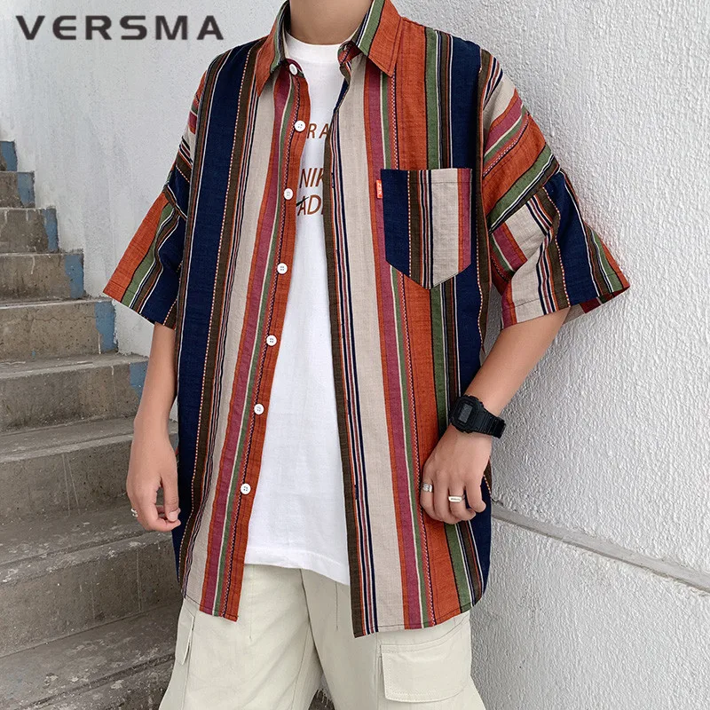 VERSMA Korean Harajuku Ulzzang Striped Short Sleeve Shirt Men Summer Chic Hawaiian Oversized Blue Dress Shirts Male Dropshipping