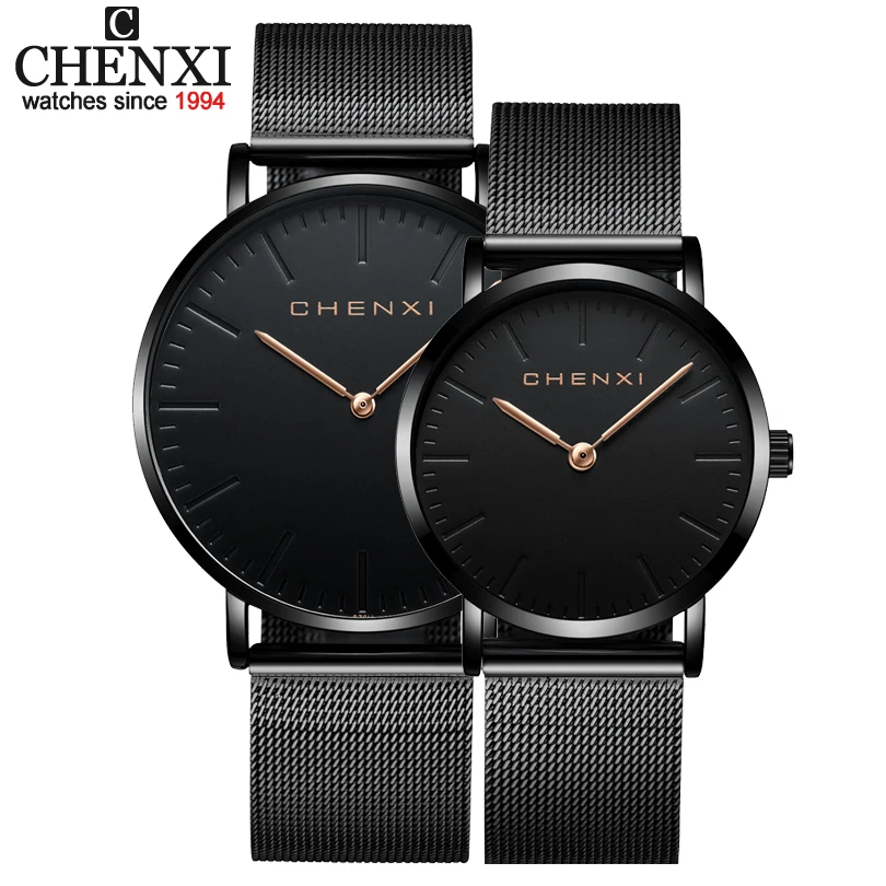 Marca CHENXI, relojes de pulsera para amantes de la moda, relojes de vestir para mujer, reloj de cuarzo para mujer, reloj informal para hombre con correa de malla, relojes ultrafinos