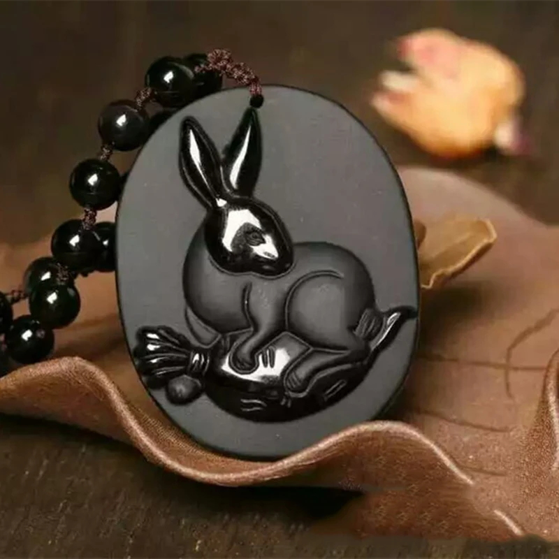 JoursNeige Natural Scrub Obsidian Stone Rabbit Pendant Necklace Women Men Obsidian 6mm Beads Chain Animal Fashion Jewelry