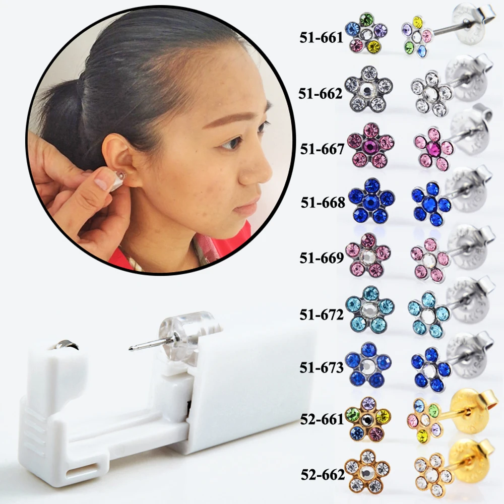 1Unit Safety Sterlised Disposable NO PAIN Piercing Device Machine Tools Easy USE Ear Piercer With Zircon Flower Design Jewelry