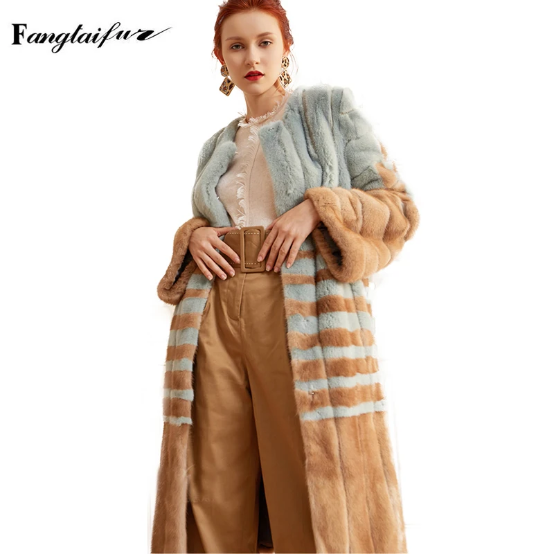 

Ftangaiur Winter Women Jacket Import Velvet Mink Fur Coat O-Neck Striped Mink Coats Contrast Color X-Long Real Mink Fur Coats