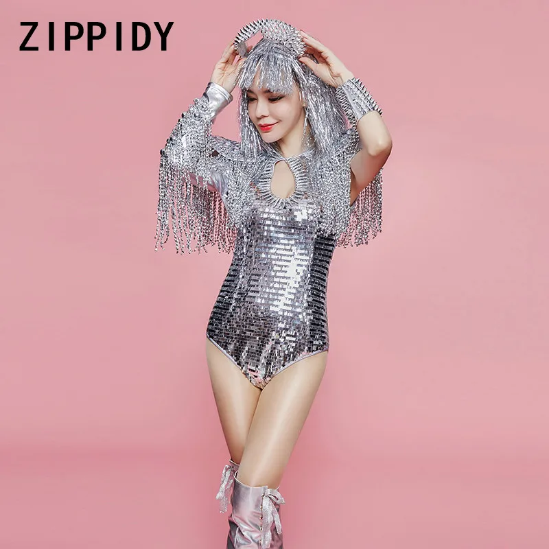 

Super Design Silver Sequins Shrugged Fringes Bodysuit Single Sleeve Big Epaulet Costume Prom Party Female Singer Dance Leotard